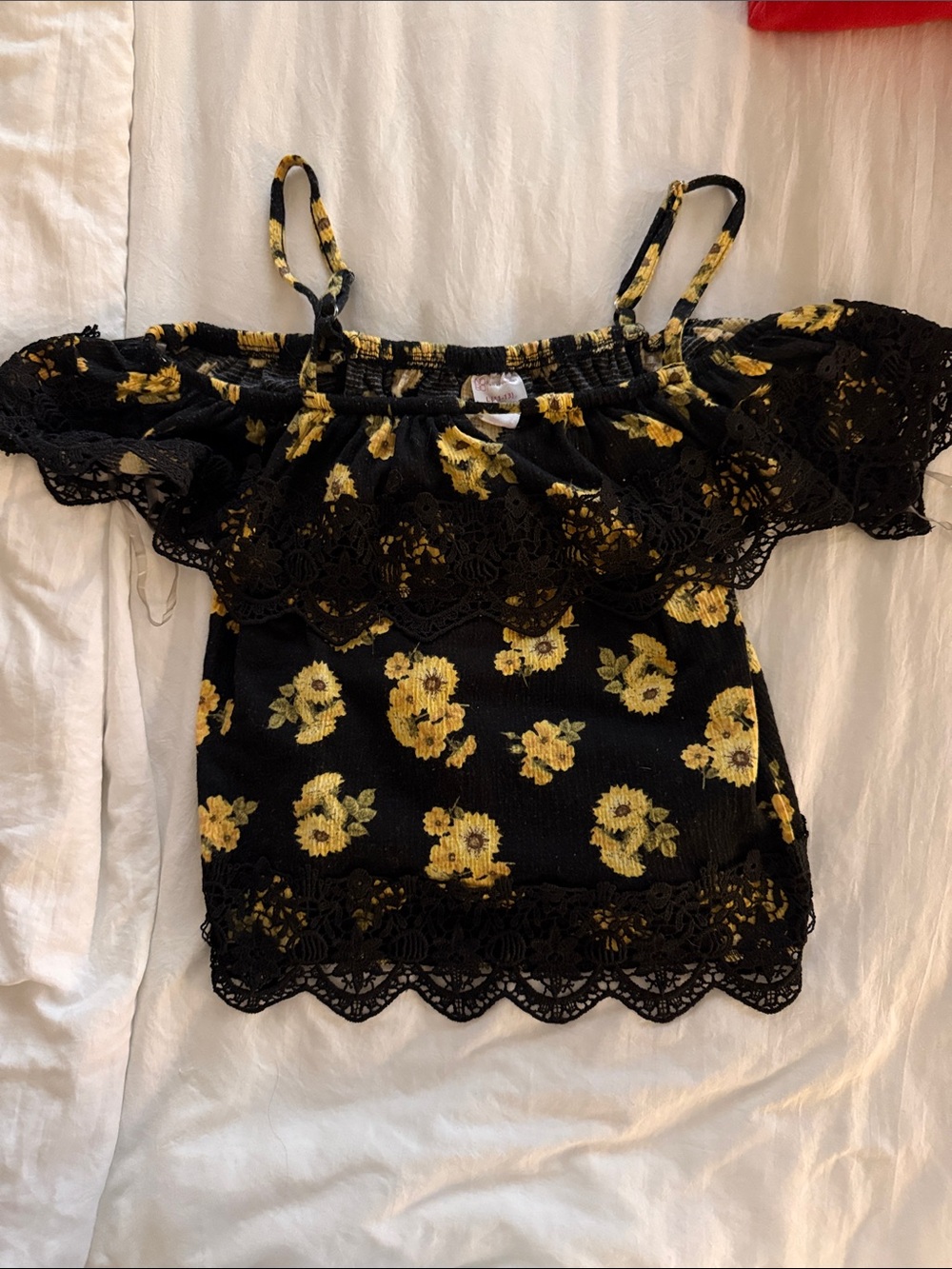 Floral Lace Off-Shoulder Women's Top in Black and Yellow